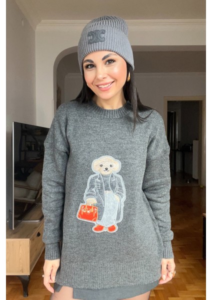 Antrasit Teddy Bear Nakışlı Triko Kazak