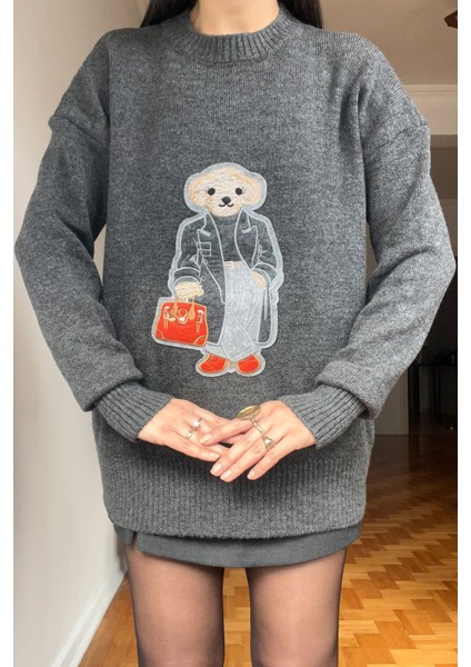 Antrasit Teddy Bear Nakışlı Triko Kazak