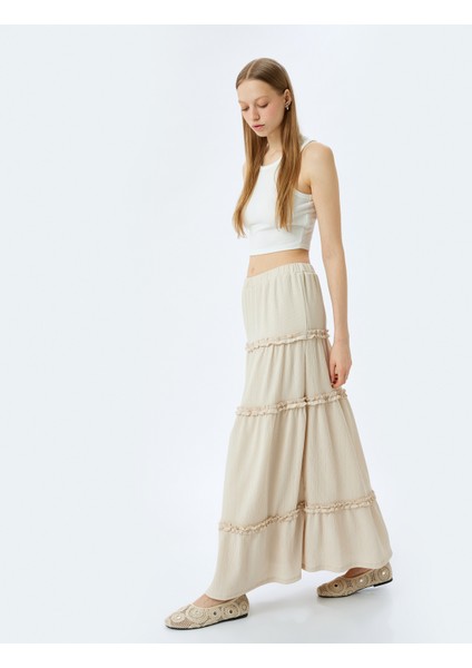 Yüksek Bel Katlı Fırfırlı Beli Lastikli Midi Etek fiyatları
