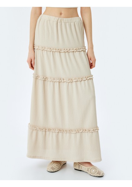 Yüksek Bel Katlı Fırfırlı Beli Lastikli Midi Etek modelleri