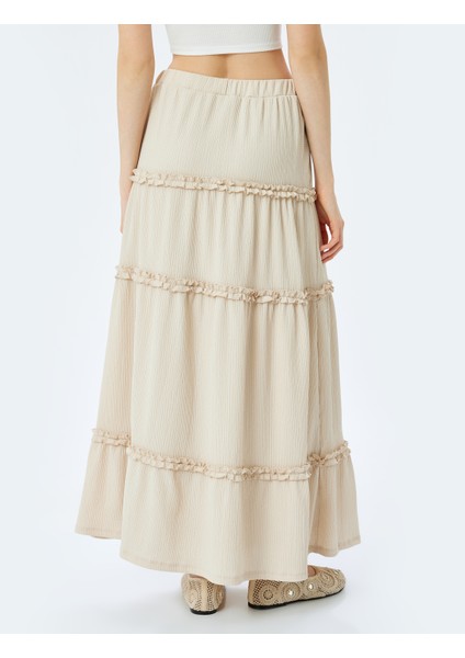 Yüksek Bel Katlı Fırfırlı Beli Lastikli Midi Etek fırsatları