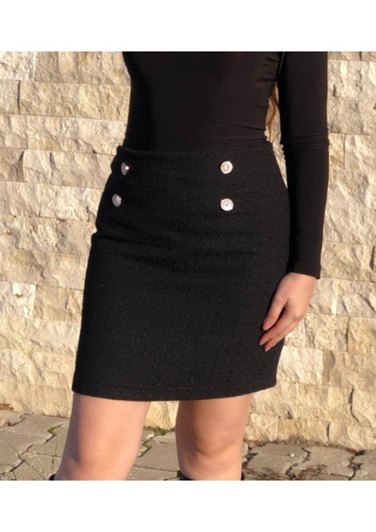 Kadın Gold Düğmeli Fermuarlı Astarlı Tüvit Etek