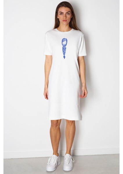 Örgü Saçlar Beyaz Kısa Kol Diz Üstü Orta Boy Penye Elbise fiyatları