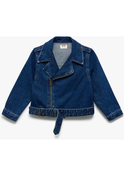 Pamuklu Uzun Kollu Kemer Detaylı Fermuarlı Denim Ceket