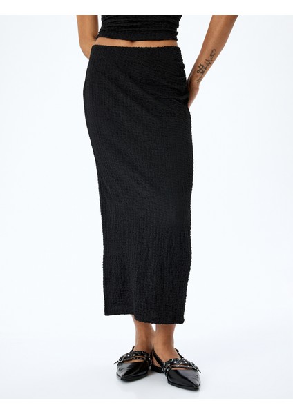 Slim Fit Dokulu Drape Detaylı Yüksek Bel Kalem Etek