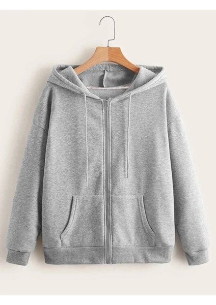Unisex Kapüşonlu Fermuarlı Cepli Ince Penye Gri Basic Sweatshırt Hırka