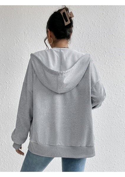 Unisex Kapüşonlu Fermuarlı Cepli Ince Penye Gri Basic Sweatshırt Hırka