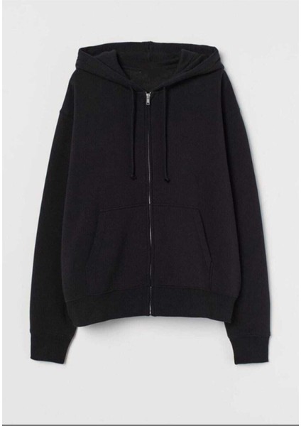 Unisex Kapüşonlu Fermuarlı Cepli Siyah Basic Sweatshırt