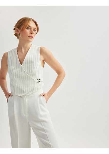 Asimetrik V Yaka Çizgili Blazer Yelek fiyatları