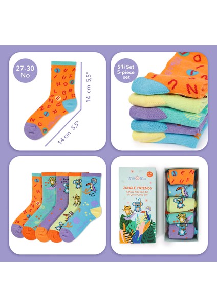 Jungle Friends Çocuk Çorap Seti 5'li, Beden 27-30, Yumuşak ve Dayanıklı Kumaş
