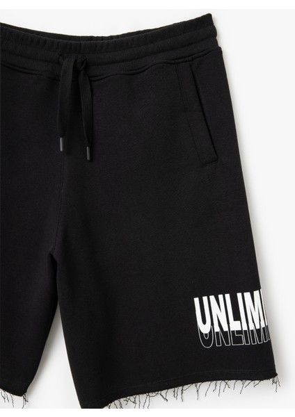 Slogan Baskılı Cepli Bermuda Beli Bağcıklı Pamuk Karışımlı Oversize Spor Şort