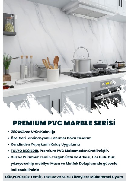 Kendinden Yapışkanlı Mermer Desen Premium Zemin Mutfak Duvar Dolap Masa Kaplama 60 cm x 500 cm