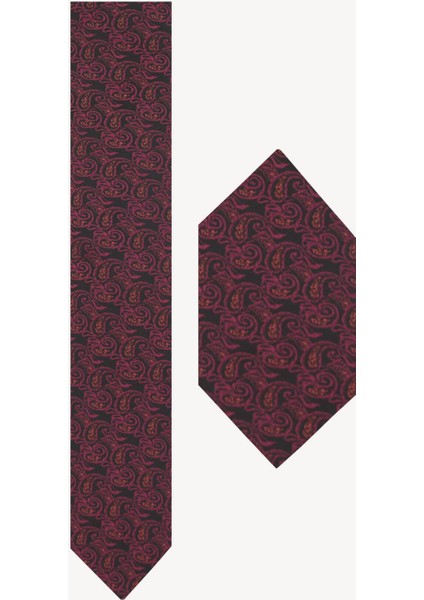 Erkek Siyah Bordo Karışık Desenli Kravat Mendil Set