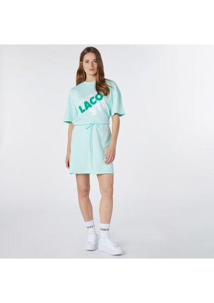 Kadın Loose Fit Kısa Kollu Bisiklet Yaka Baskılı Açık Yeşil Elbise modelleri