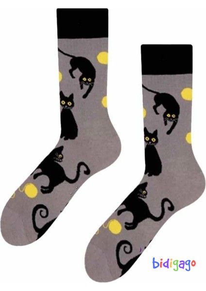 Kara Kedi Sarı Yumak Desenli Unisex Çorap