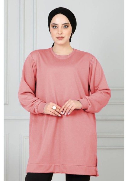Kadın Uzun Düz Renk Basic Yuvarlak Yaka Tunik Sweatshırt