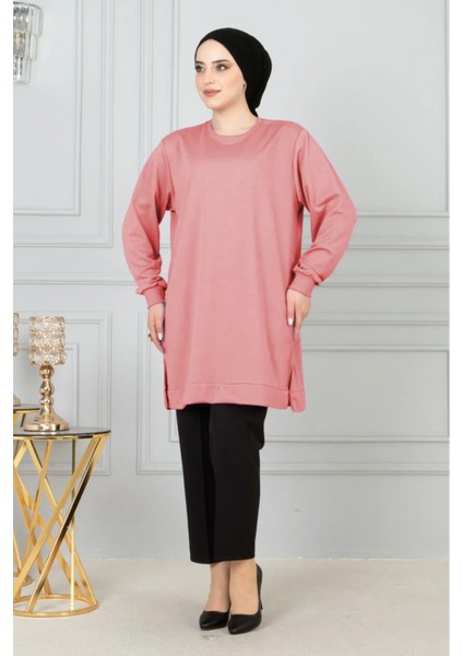 Kadın Uzun Düz Renk Basic Yuvarlak Yaka Tunik Sweatshırt