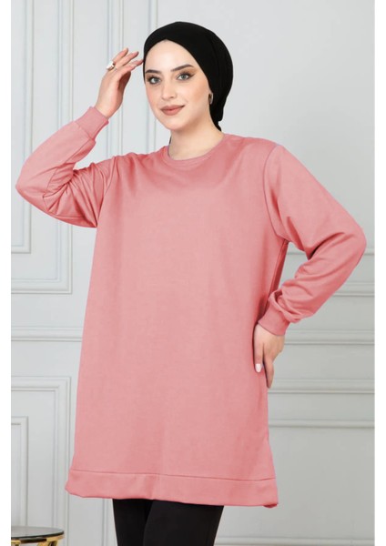 Kadın Uzun Düz Renk Basic Yuvarlak Yaka Tunik Sweatshırt