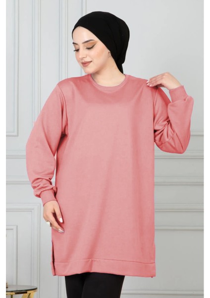 Kadın Uzun Düz Renk Basic Yuvarlak Yaka Tunik Sweatshırt