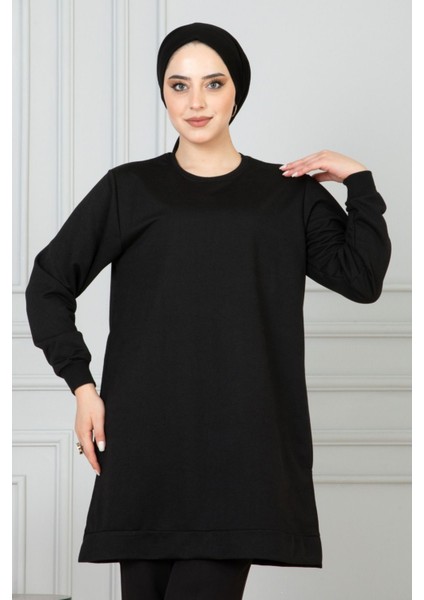 Kadın Uzun Düz Renk Basic Yuvarlak Yaka Tunik Sweatshırt