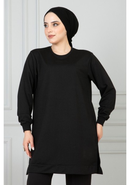 Kadın Uzun Düz Renk Basic Yuvarlak Yaka Tunik Sweatshırt