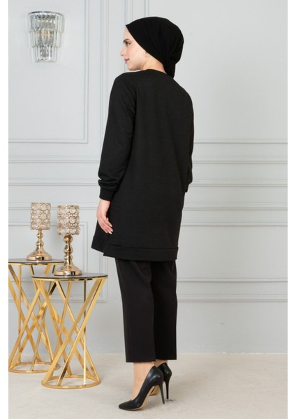 Kadın Uzun Düz Renk Basic Yuvarlak Yaka Tunik Sweatshırt