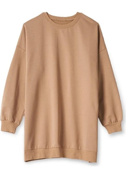 Kadın Uzun Düz Renk Basic Yuvarlak Yaka Tunik Sweatshırt