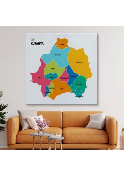 - Kütahya Ili ve Ilçeler Haritası Dekoratif Kanvas Tablo 1406