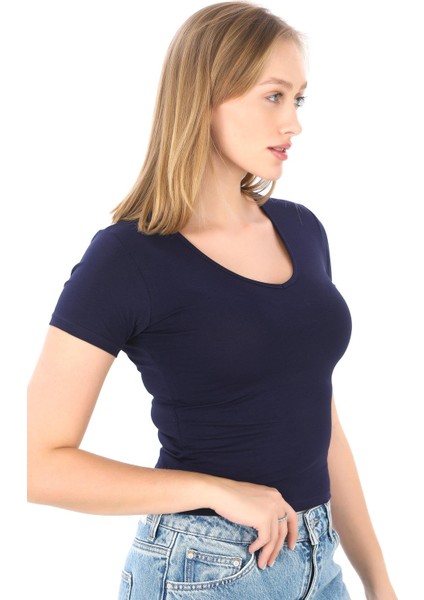 V Yaka Slim Fit Crop Tişört-Lacivert