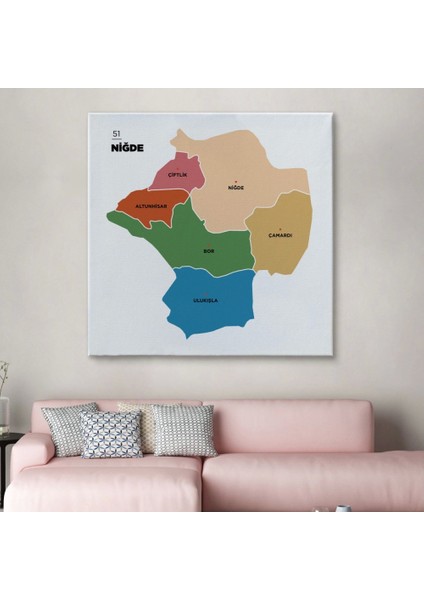 - Niğde Ili ve Ilçeler Haritası Dekoratif Kanvas Tablo 1431