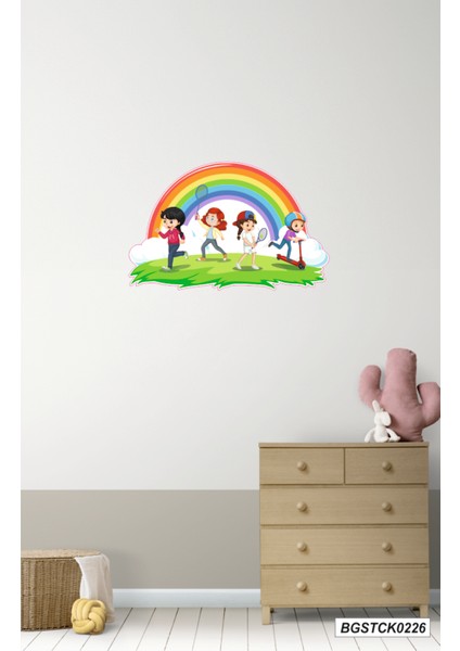 Renkli Gökkuşağı Altında Oynayan Çocuklar Neşeli Oyun Anaokulu Kreş Duvar Cam Sticker