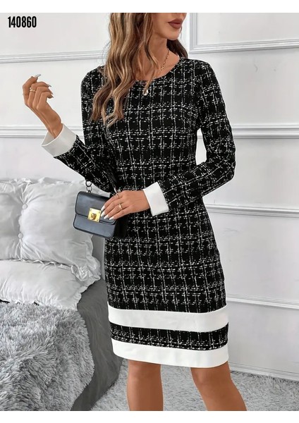 Kadın Yuvarlak Yaka Şeritli Uzun Kollu Kısa Dokuma Elbise
