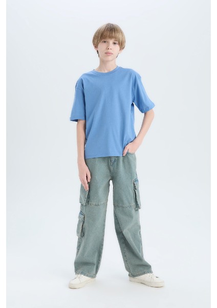 Erkek Çocuk Oversize Geniş Kalıp Bisiklet Yaka Basic Düz Kısa Kollu Tişört B5927A825SM