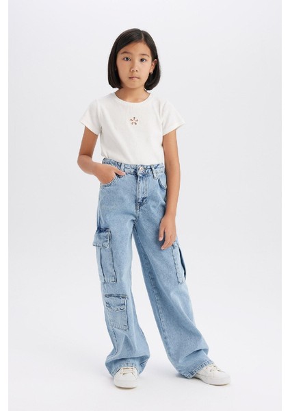 Kız Çocuk Wide Leg Kargo Geniş Paça Pamuklu Jean Pantolon D9694a825sp