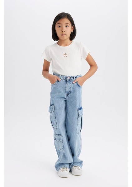 Kız Çocuk Wide Leg Kargo Geniş Paça Pamuklu Jean Pantolon D9694a825sp