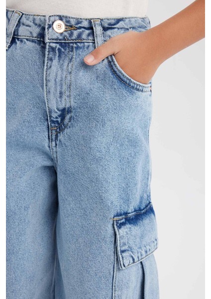 Kız Çocuk Wide Leg Kargo Geniş Paça Pamuklu Jean Pantolon D9694a825sp