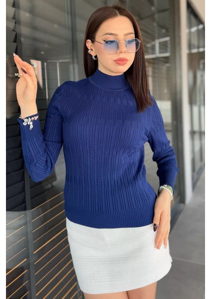Kadın Yarım Balıkçı Desenli Likralı Triko Bluz