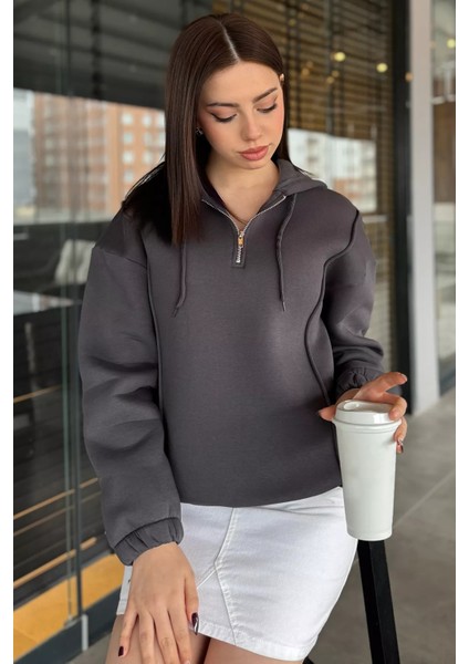 Yarım Fermuarlı Üç Iplik Şardonlu Kadın Sweatshirt fiyatları