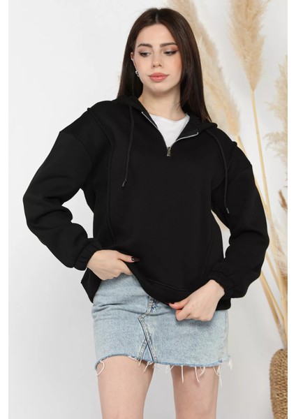 Yarım Fermuarlı Üç Iplik Şardonlu Kadın Sweatshirt fiyatları