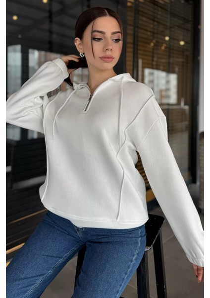 Yarım Fermuarlı Üç Iplik Şardonlu Kadın Sweatshirt
