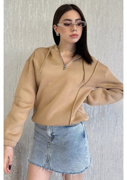 Yarım Fermuarlı Üç Iplik Şardonlu Kadın Sweatshirt