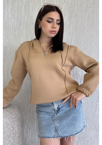 Yarım Fermuarlı Üç Iplik Şardonlu Kadın Sweatshirt fiyatları