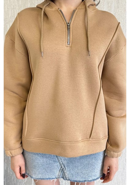 Yarım Fermuarlı Üç Iplik Şardonlu Kadın Sweatshirt modelleri