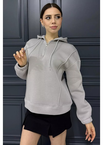 Yarım Fermuarlı Üç Iplik Şardonlu Kadın Sweatshirt
