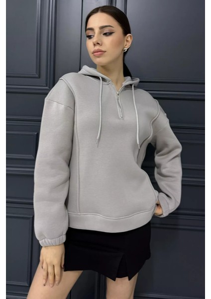 Yarım Fermuarlı Üç Iplik Şardonlu Kadın Sweatshirt fiyatları