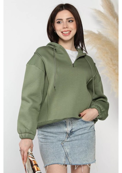 Yarım Fermuarlı Üç Iplik Şardonlu Kadın Sweatshirt