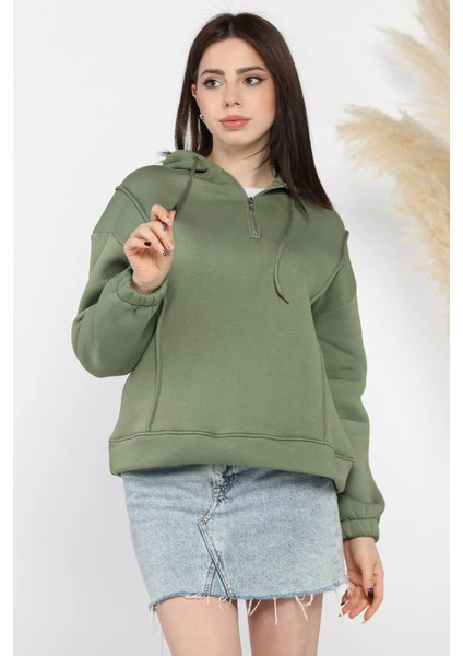 Yarım Fermuarlı Üç Iplik Şardonlu Kadın Sweatshirt fiyatları