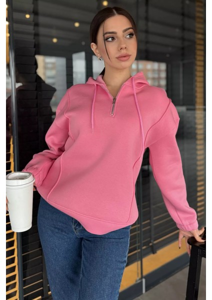 Yarım Fermuarlı Üç Iplik Şardonlu Kadın Sweatshirt