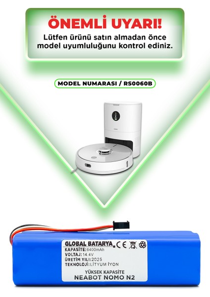 Neatbot Nomo N2 Uyumlu Akıllı Robot Süpürge Bataryası 14.4V 6400MAH Li-Ion Pil (Yüksek Kapasite)