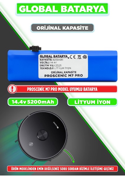 Proscenic M7 Pro Akıllı Robot Süpürge Bataryası 14.4v 5200mAh Li-ion Pil (Orijinal Kapasite)